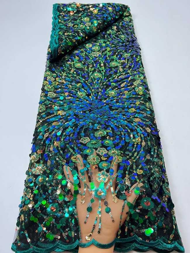 5 Yards Colorful Sequins Pearls Beaded Embroidered 3D Floral Lace Material Fabric For Dresses JC052