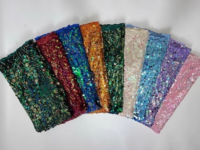 5 Yards Colorful Sequins Pearls Beaded Embroidered 3D Floral Lace Material Fabric For Dresses JC052