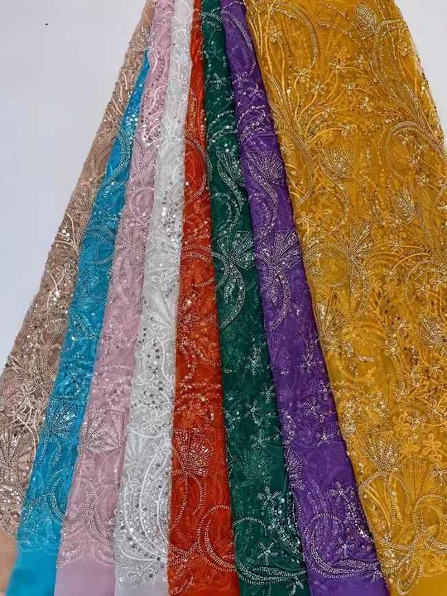 5 Yards Colorful Sequins Pearls Beaded Embroidered 3D Floral Lace Material Fabric For Dresses JC055