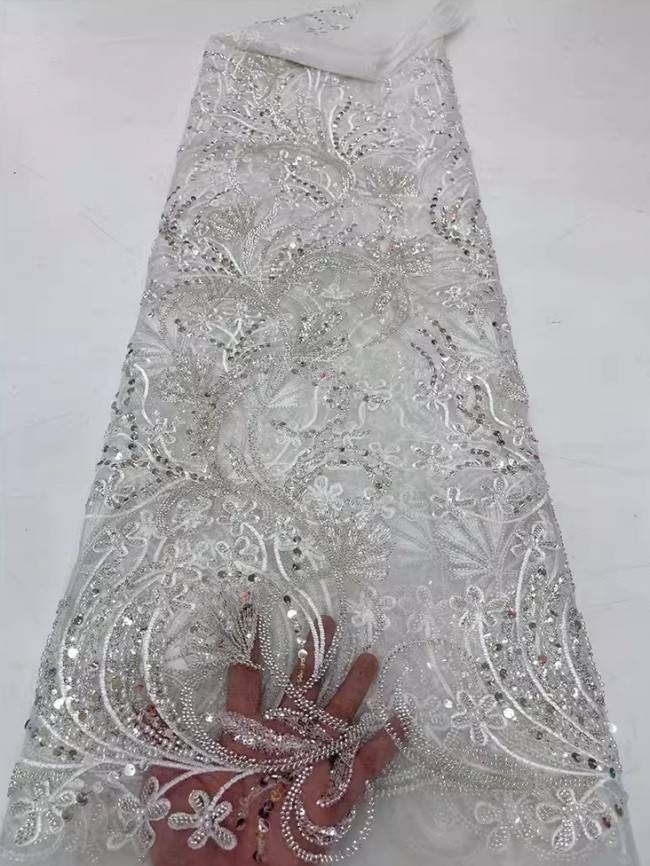 5 Yards Colorful Sequins Pearls Beaded Embroidered 3D Floral Lace Material Fabric For Dresses JC055