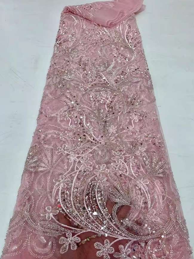 5 Yards Colorful Sequins Pearls Beaded Embroidered 3D Floral Lace Material Fabric For Dresses JC055