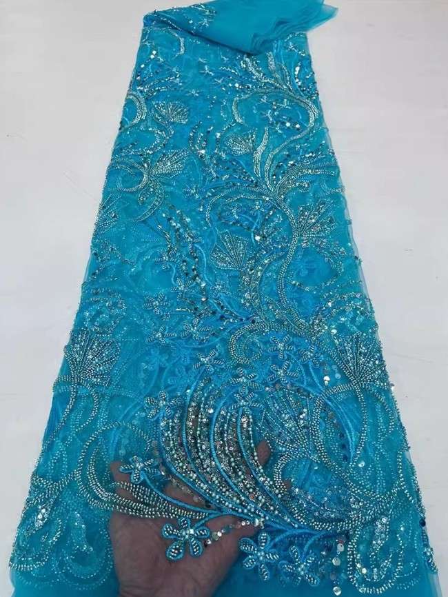 5 Yards Colorful Sequins Pearls Beaded Embroidered 3D Floral Lace Material Fabric For Dresses JC055