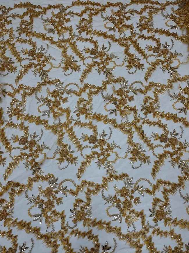 5 Yards Colorful Sequins Pearls Beaded Embroidered 3D Floral Lace Material Fabric For Dresses JC057