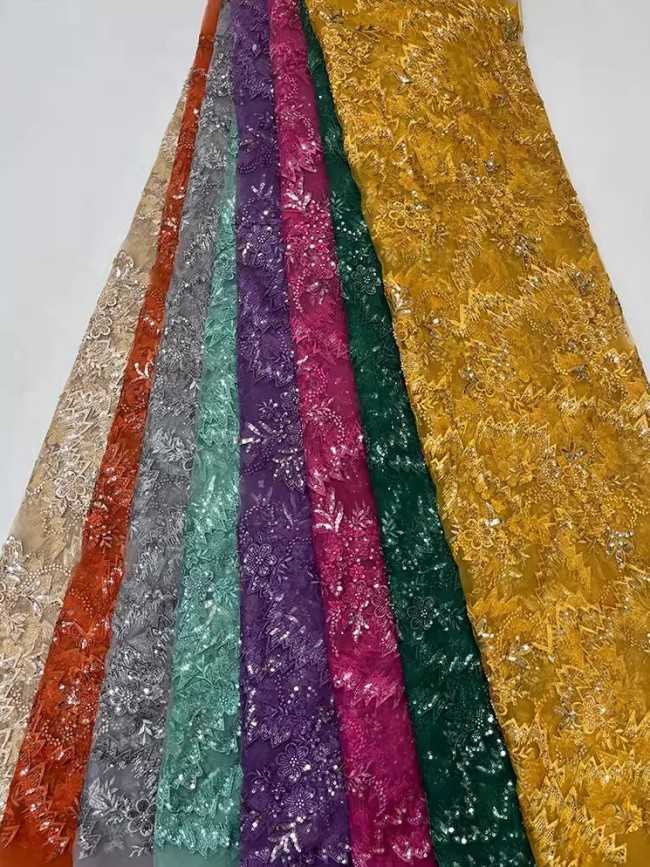 5 Yards Colorful Sequins Pearls Beaded Embroidered 3D Floral Lace Material Fabric For Dresses JC057