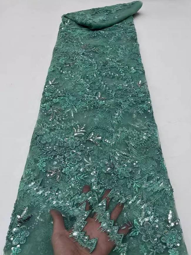 5 Yards Colorful Sequins Pearls Beaded Embroidered 3D Floral Lace Material Fabric For Dresses JC057