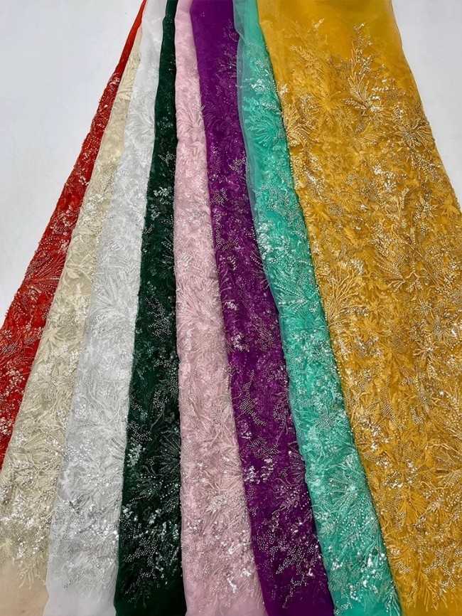 5 Yards Colorful Sequins Pearls Beaded Embroidered 3D Floral Lace Material Fabric For Dresses JC059