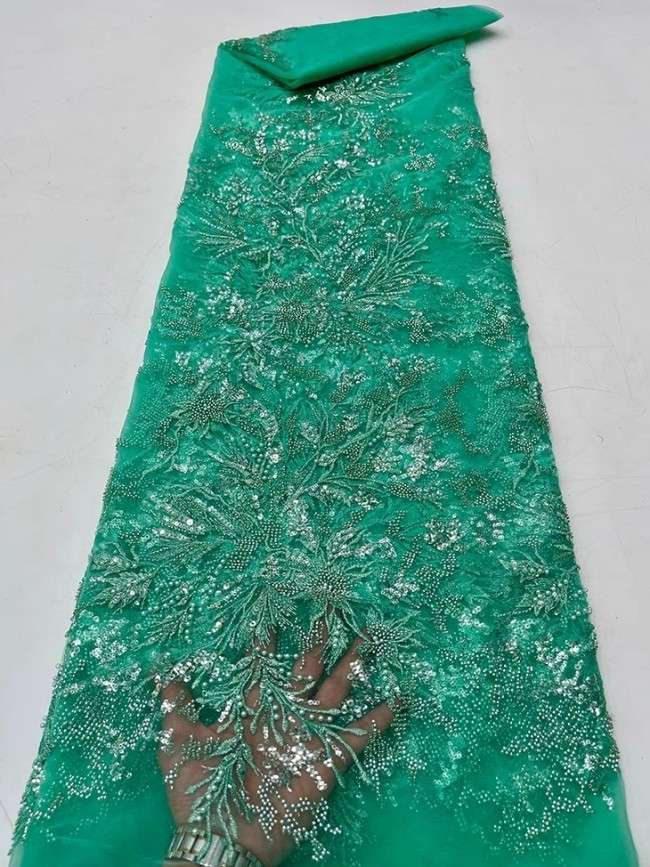 5 Yards Colorful Sequins Pearls Beaded Embroidered 3D Floral Lace Material Fabric For Dresses JC059