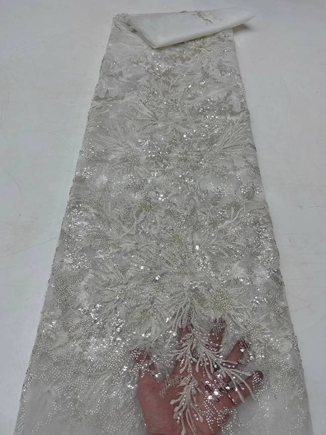 5 Yards Colorful Sequins Pearls Beaded Embroidered 3D Floral Lace Material Fabric For Dresses JC059