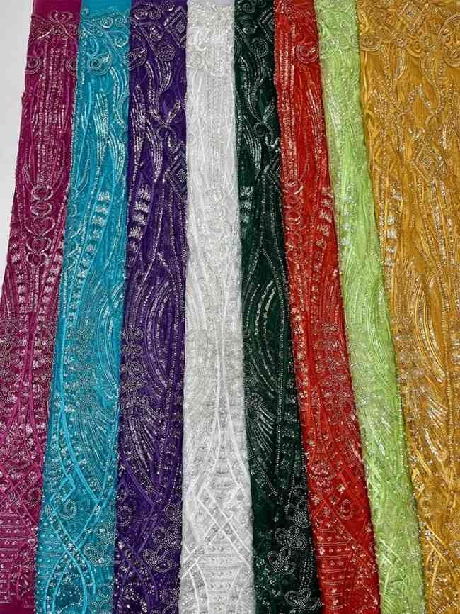 5 Yards Colorful Sequins Pearls Beaded Embroidered 3D Floral Lace Material Fabric For Dresses JC060