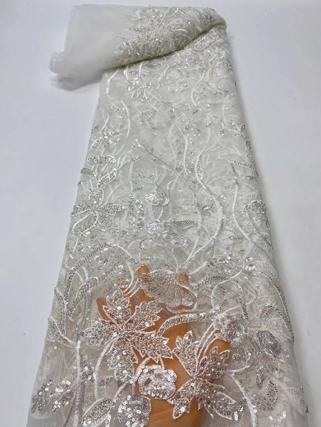 5 Yards Colorful Sequins Pearls Beaded Embroidered 3D Floral Lace Material Fabric For Dresses JC063