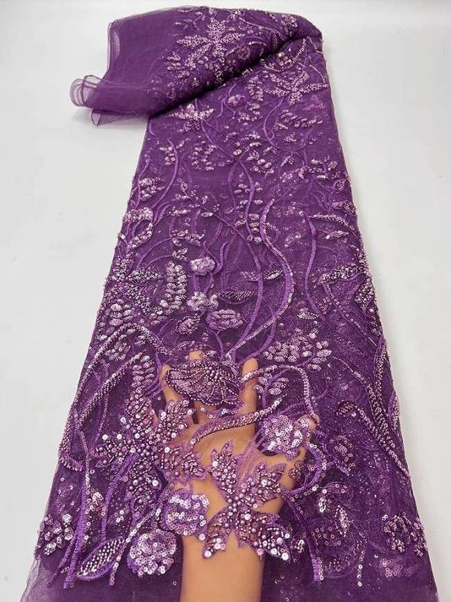 5 Yards Colorful Sequins Pearls Beaded Embroidered 3D Floral Lace Material Fabric For Dresses JC063
