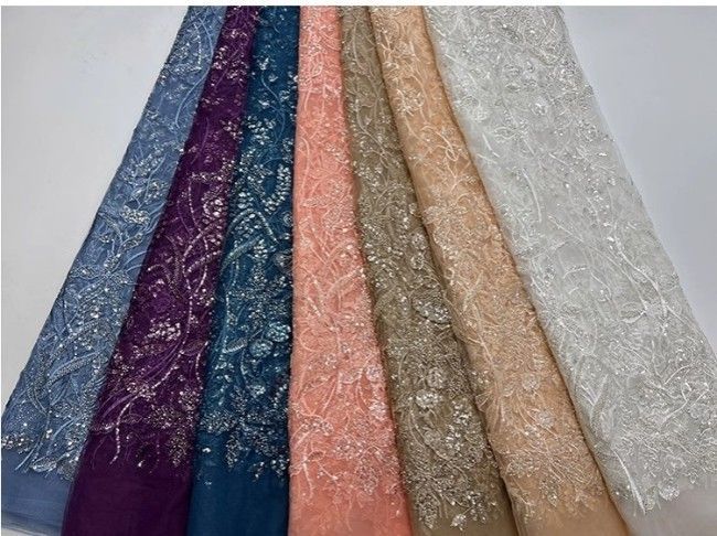 5 Yards Colorful Sequins Pearls Beaded Embroidered 3D Floral Lace Material Fabric For Dresses JC063