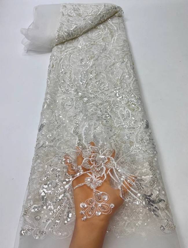5 Yards Colorful Sequins Pearls Beaded Embroidered 3D Floral Lace Material Fabric For Dresses JC065