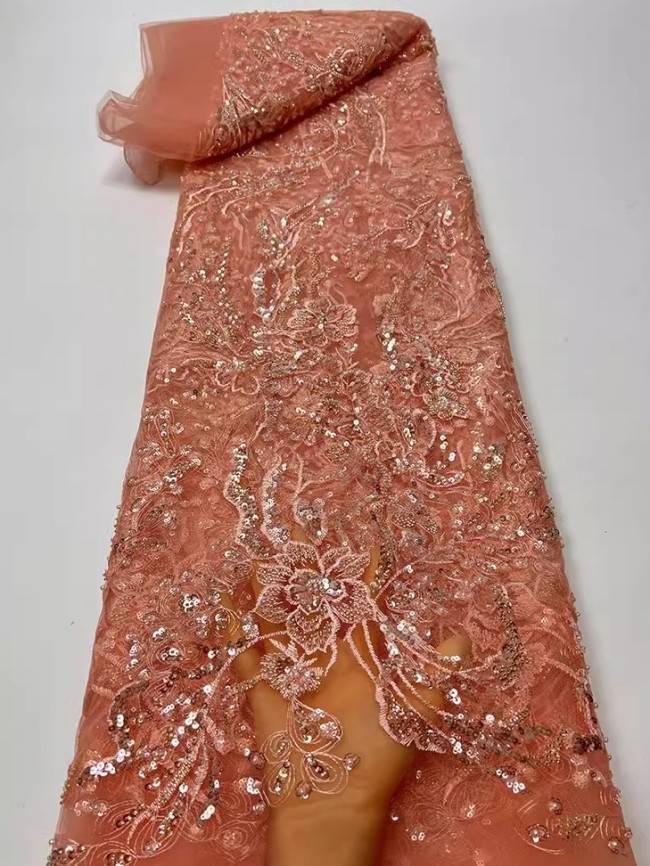 5 Yards Colorful Sequins Pearls Beaded Embroidered 3D Floral Lace Material Fabric For Dresses JC065