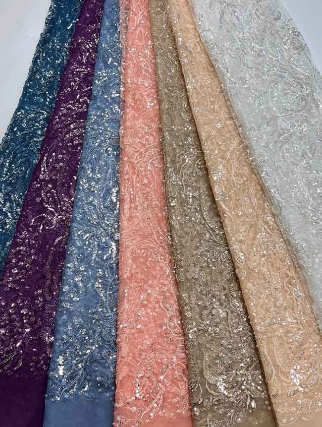 5 Yards Colorful Sequins Pearls Beaded Embroidered 3D Floral Lace Material Fabric For Dresses JC065