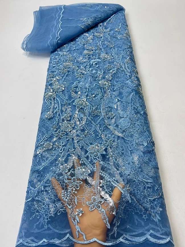 5 Yards Colorful Sequins Pearls Beaded Embroidered 3D Floral Lace Material Fabric For Dresses JC066