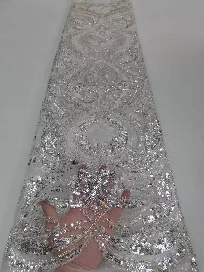 5 Yards Colorful Sequins Pearls Beaded Embroidered 3D Floral Lace Material Fabric For Dresses JC067