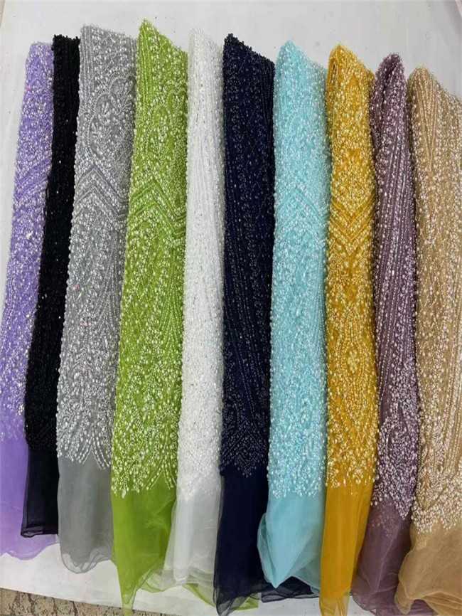 5 Yards Colorful Sequins Pearls Beaded Embroidered 3D Floral Lace Material Fabric For Dresses