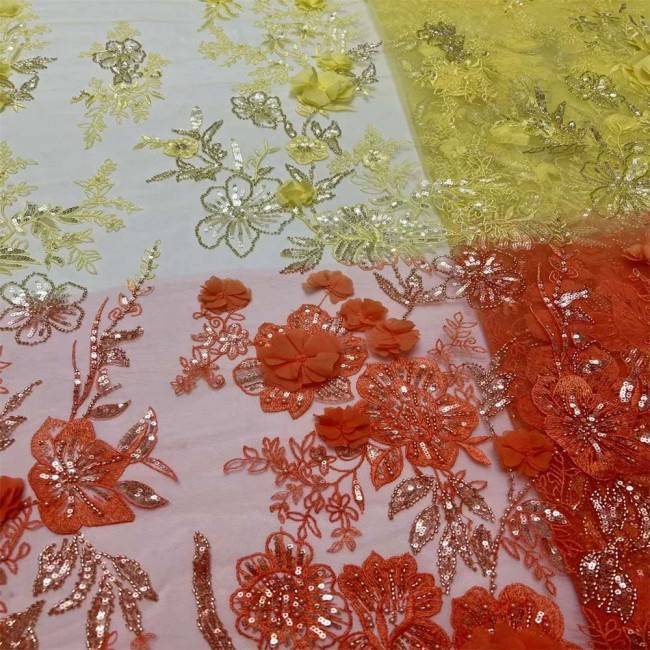 5 Yards Gradient Color Beaded Embroidered 3D Floral Lace Material Fabric For Dresses