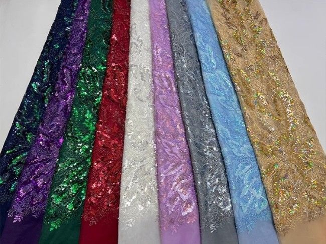 5 Yards Colorful Sequins Pearls Beaded Embroidered 3D Floral Lace Material Fabric For Dresses JC069