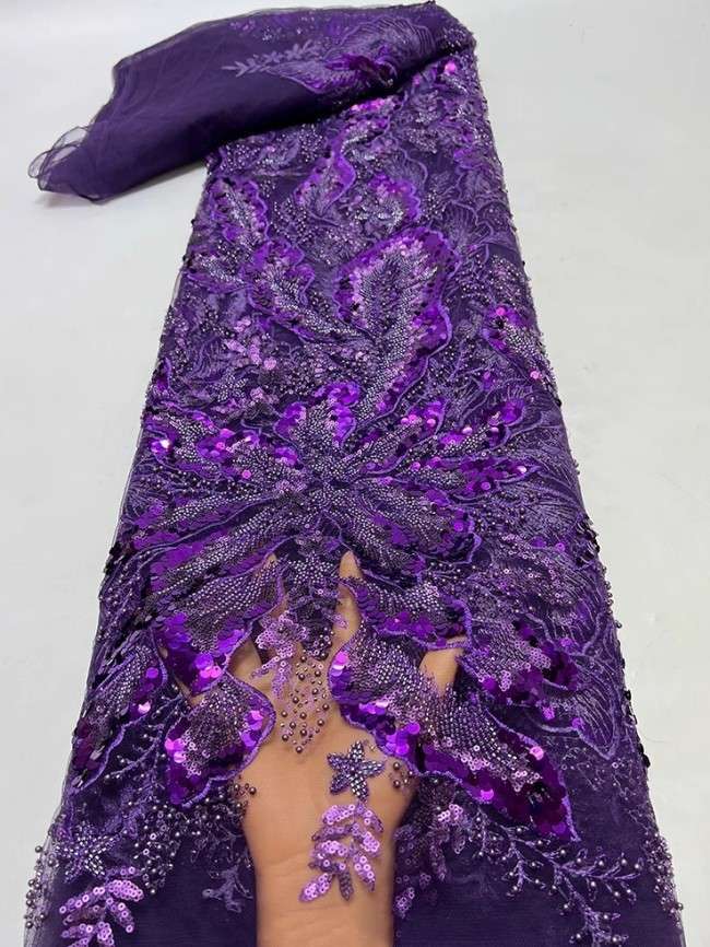 5 Yards Colorful Sequins Pearls Beaded Embroidered 3D Floral Lace Material Fabric For Dresses JC069