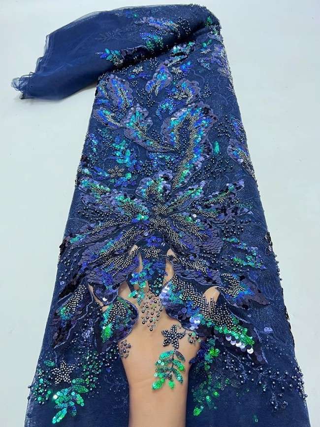 5 Yards Colorful Sequins Pearls Beaded Embroidered 3D Floral Lace Material Fabric For Dresses JC069