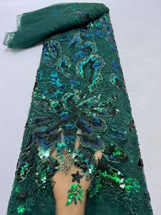 5 Yards Colorful Sequins Pearls Beaded Embroidered 3D Floral Lace Material Fabric For Dresses JC069