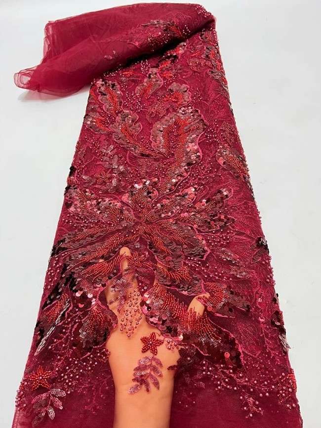 5 Yards Colorful Sequins Pearls Beaded Embroidered 3D Floral Lace Material Fabric For Dresses JC069