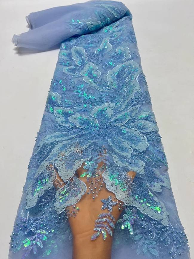 5 Yards Colorful Sequins Pearls Beaded Embroidered 3D Floral Lace Material Fabric For Dresses JC069