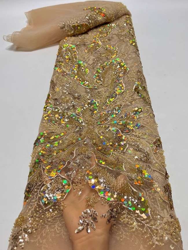 5 Yards Colorful Sequins Pearls Beaded Embroidered 3D Floral Lace Material Fabric For Dresses JC069
