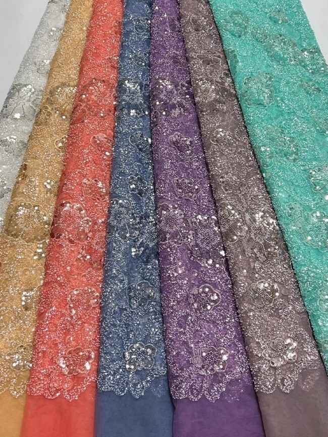 5 Yards Colorful Sequins Pearls Beaded Embroidered 3D Floral Lace Material Fabric For Dresses JC073