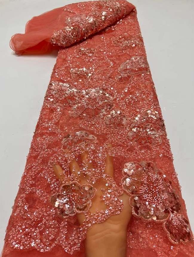 5 Yards Colorful Sequins Pearls Beaded Embroidered 3D Floral Lace Material Fabric For Dresses JC073