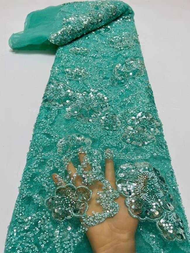 5 Yards Colorful Sequins Pearls Beaded Embroidered 3D Floral Lace Material Fabric For Dresses JC073