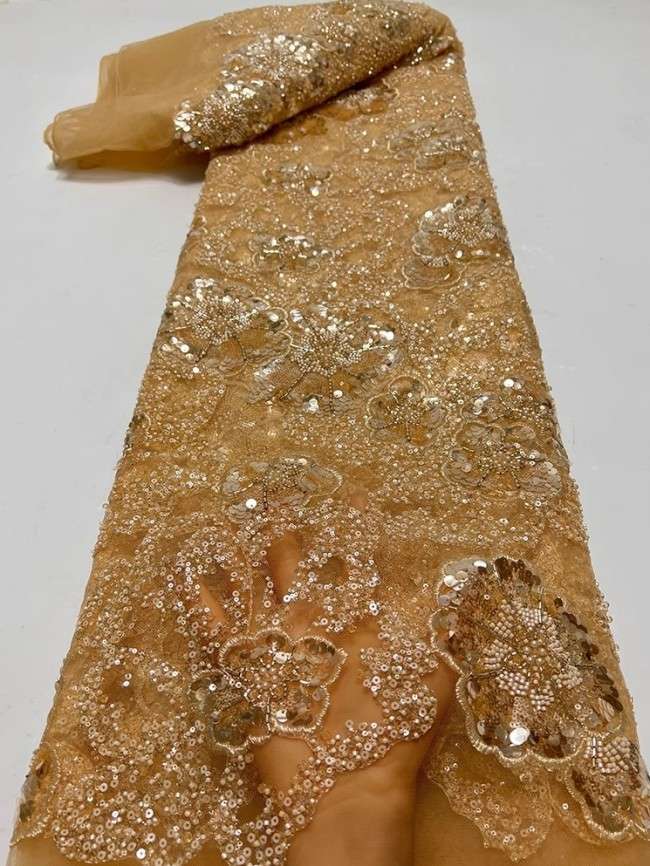 5 Yards Colorful Sequins Pearls Beaded Embroidered 3D Floral Lace Material Fabric For Dresses JC073