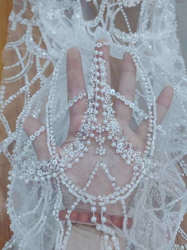 1 Yard Heavy Pearls Beaded Bridal Lace Material Fabric For Dresses