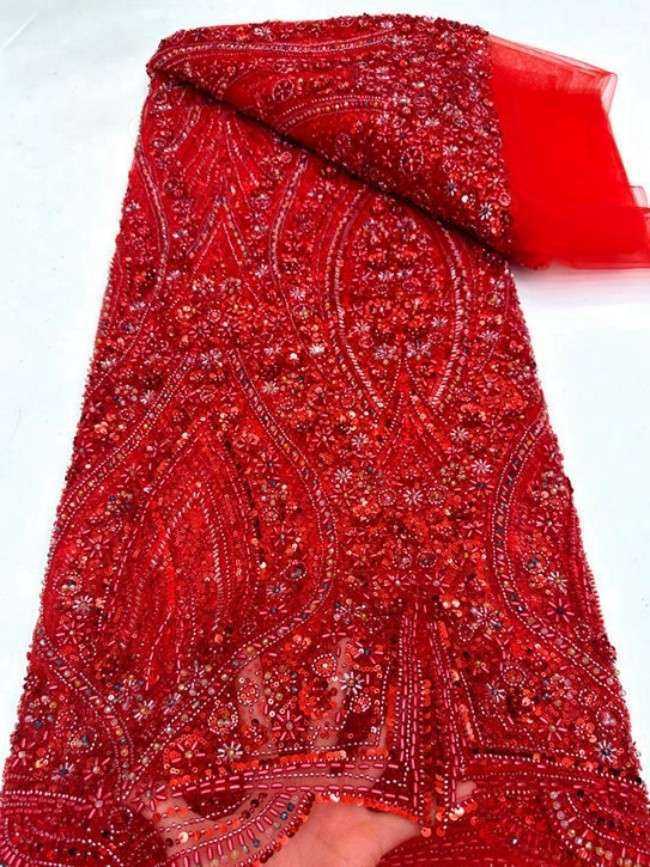 5 Yards Colorful Sequins Pearls Beaded Embroidered 3D Floral Lace Material Fabric For Dresses ML002