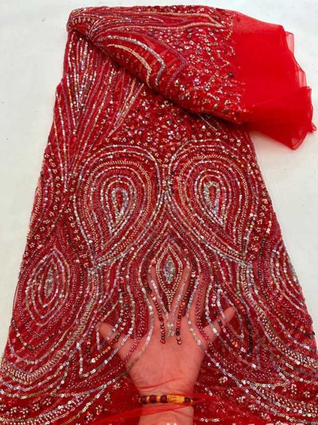 5 Yards Colorful Sequins Pearls Beaded Embroidered 3D Floral Lace Material Fabric For Dresses ML003