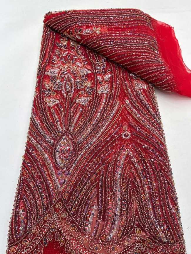 5 Yards Colorful Sequins Pearls Beaded Embroidered 3D Floral Lace Material Fabric For Dresses ML005