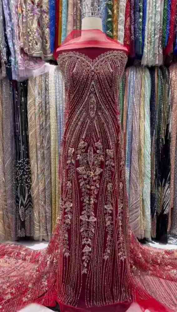 5 Yards Colorful Sequins Pearls Beaded Embroidered 3D Floral Lace Material Fabric For Dresses ML005