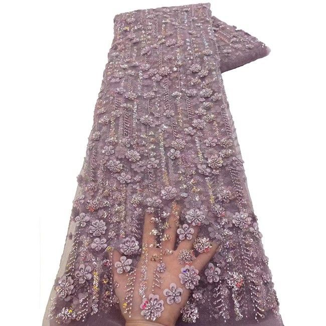 5 Yards Colorful Sequins Pearls Beaded Embroidered 3D Floral Lace Material Fabric For Dresses NA001