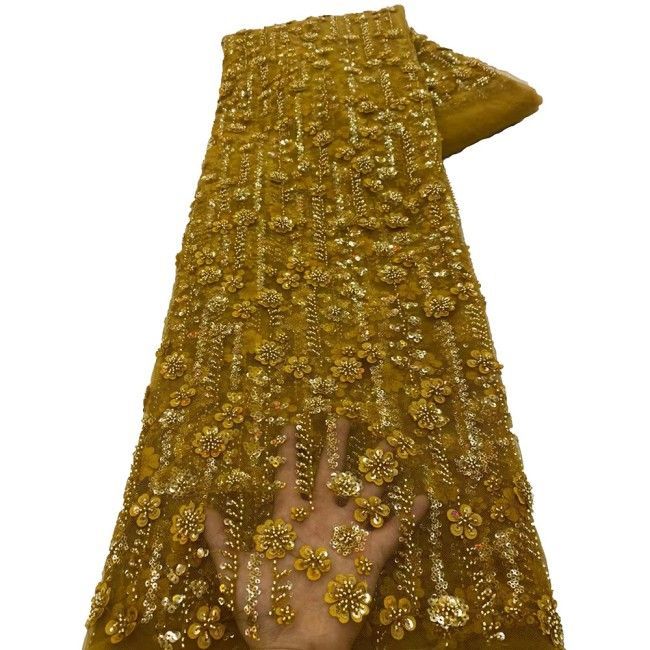 5 Yards Colorful Sequins Pearls Beaded Embroidered 3D Floral Lace Material Fabric For Dresses NA001