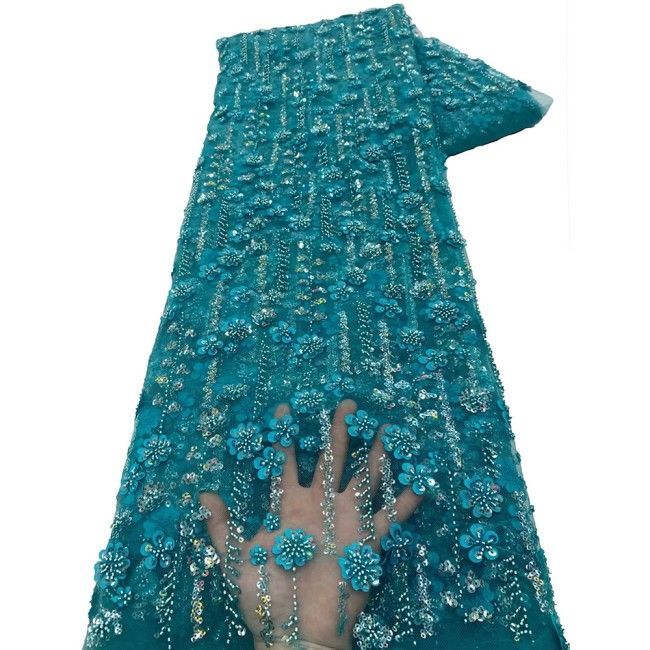 5 Yards Colorful Sequins Pearls Beaded Embroidered 3D Floral Lace Material Fabric For Dresses NA001