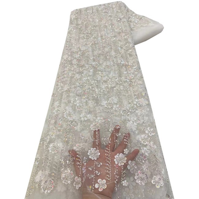 5 Yards Colorful Sequins Pearls Beaded Embroidered 3D Floral Lace Material Fabric For Dresses NA001