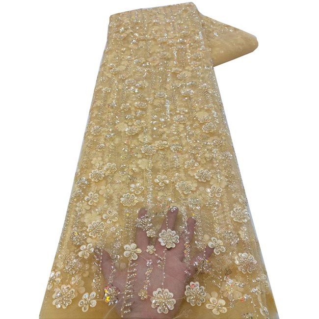 5 Yards Colorful Sequins Pearls Beaded Embroidered 3D Floral Lace Material Fabric For Dresses NA001