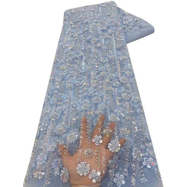 5 Yards Colorful Sequins Pearls Beaded Embroidered 3D Floral Lace Material Fabric For Dresses NA001