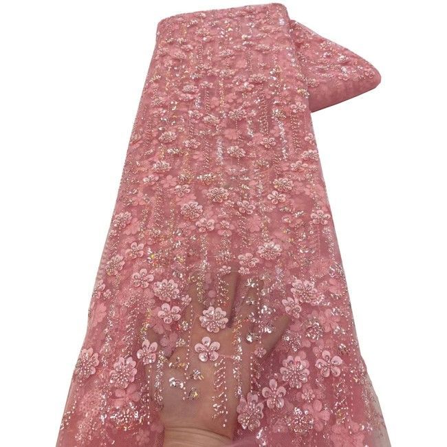 5 Yards Colorful Sequins Pearls Beaded Embroidered 3D Floral Lace Material Fabric For Dresses NA001