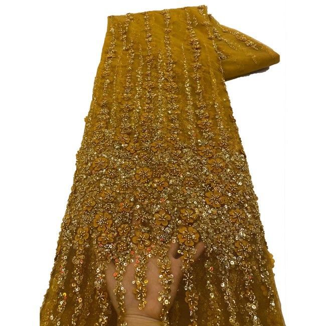 5 Yards Colorful Sequins Pearls Beaded Embroidered 3D Floral Lace Material Fabric For Dresses NA013