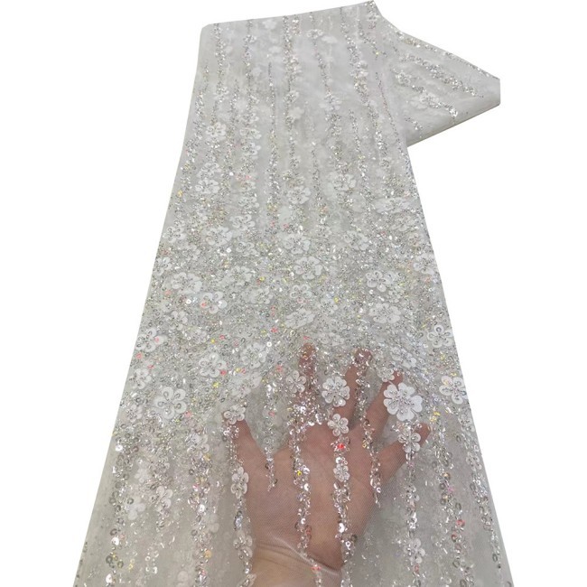 5 Yards Colorful Sequins Pearls Beaded Embroidered 3D Floral Lace Material Fabric For Dresses NA013