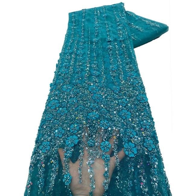 5 Yards Colorful Sequins Pearls Beaded Embroidered 3D Floral Lace Material Fabric For Dresses NA013