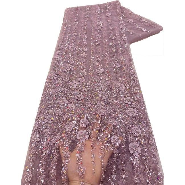 5 Yards Colorful Sequins Pearls Beaded Embroidered 3D Floral Lace Material Fabric For Dresses NA013